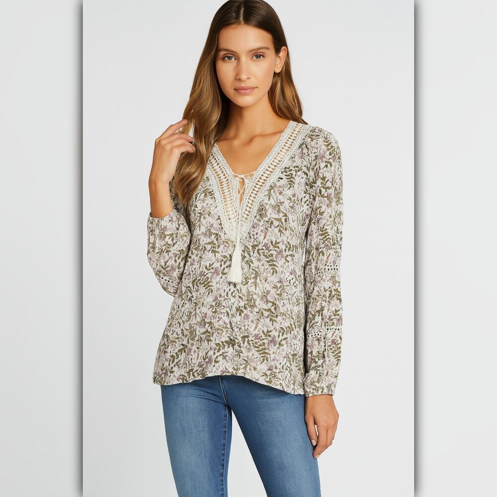 A485 • Boho Floral Lace Trim Long Sleeve Top